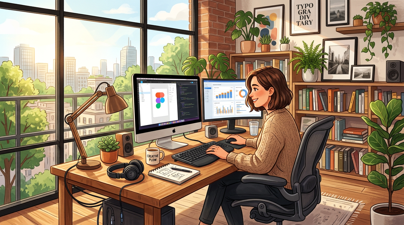 Woman using dual monitors at a desk in a home office with large windows and cityscape view