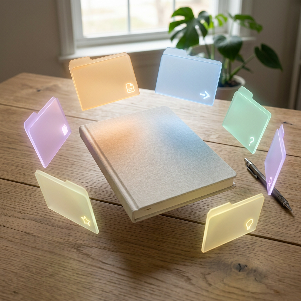 Closed book on table with floating digital folder icons representing knowledge categories