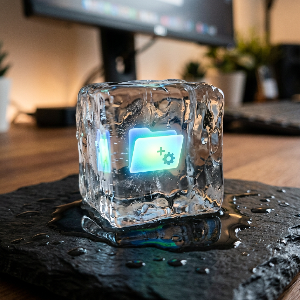 Glowing digital folder icon with a gear frozen inside a melting ice cube