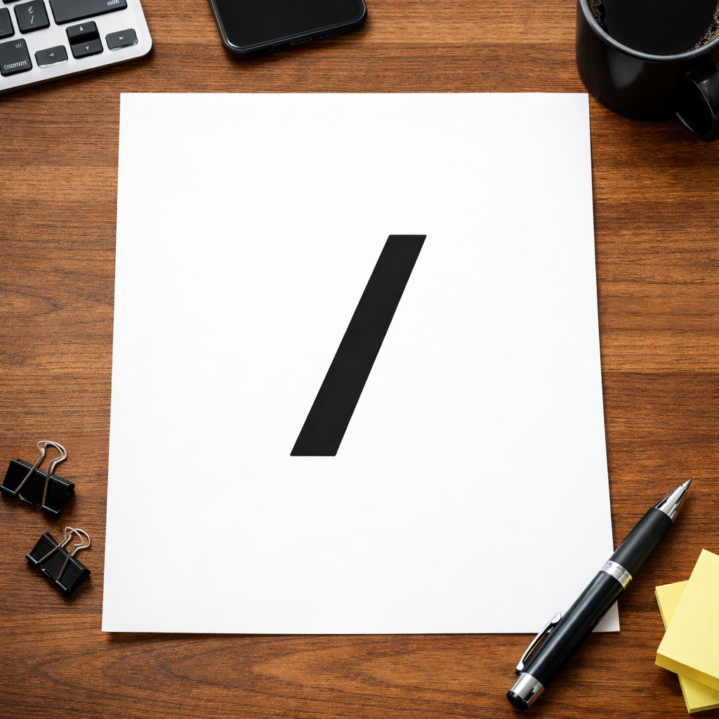 Black slash symbol on white paper on wooden desk