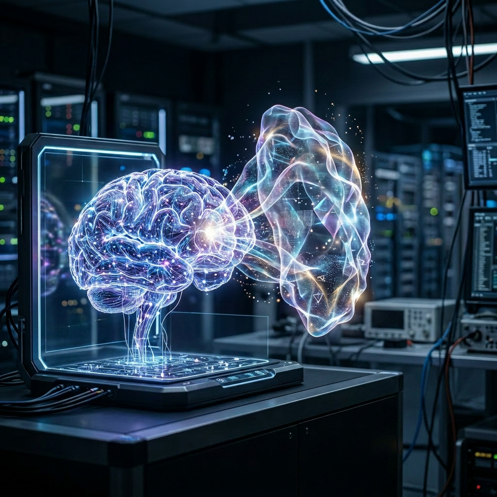 Holographic brain model displaying neural processing data in a lab with scientist