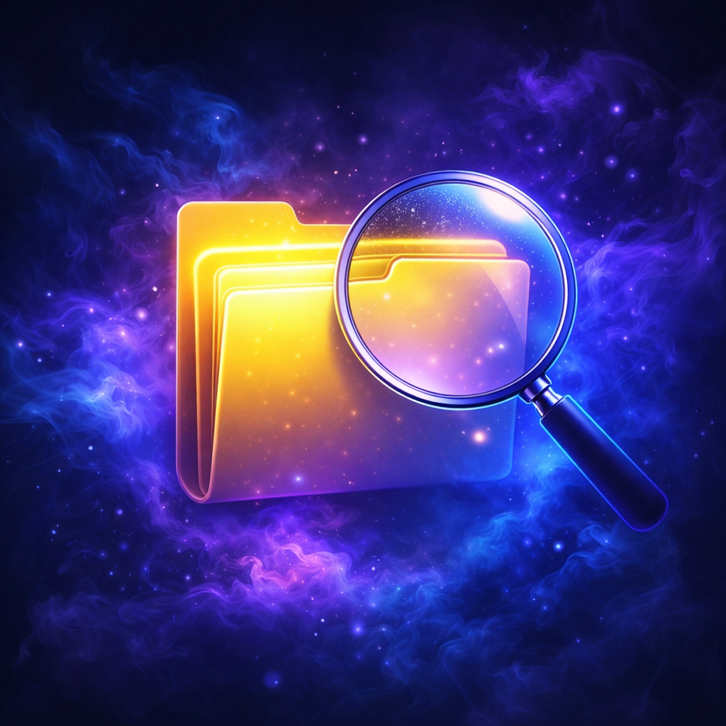 Glowing yellow digital folder with magnifying glass on blue glowing background