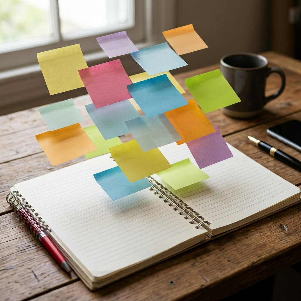 Colorful sticky notes suspended above an open notebook with lined pages