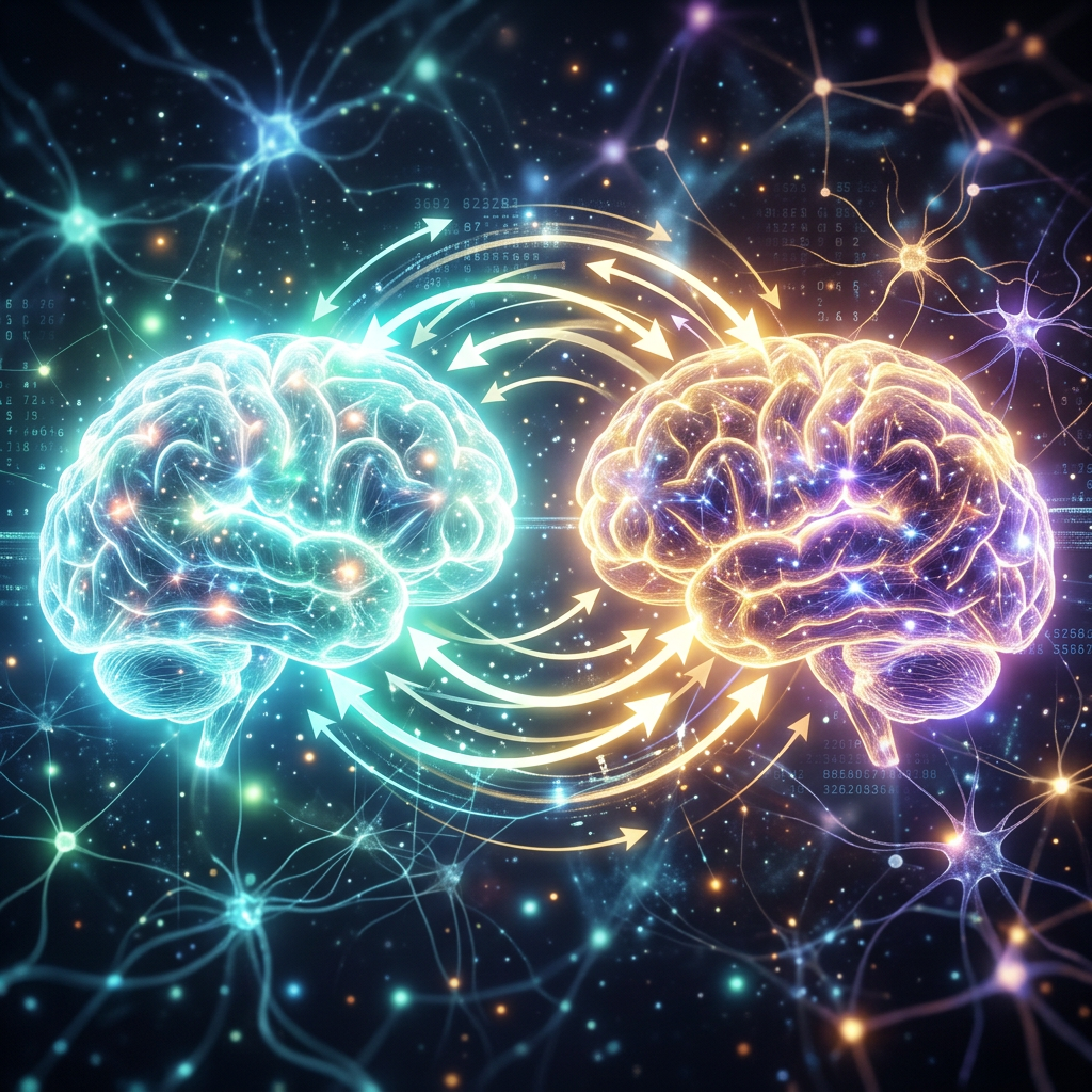 Two illuminated brains with arrows indicating neural signal exchange